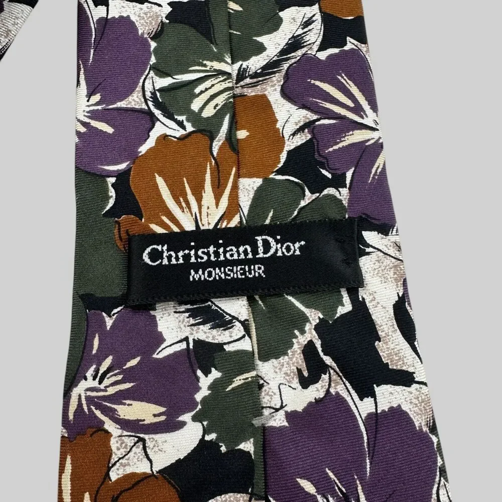 Christian Dior Monsieur Men's Silk Tie  58 x 3.75 Floral Green Rust Purple 80's
